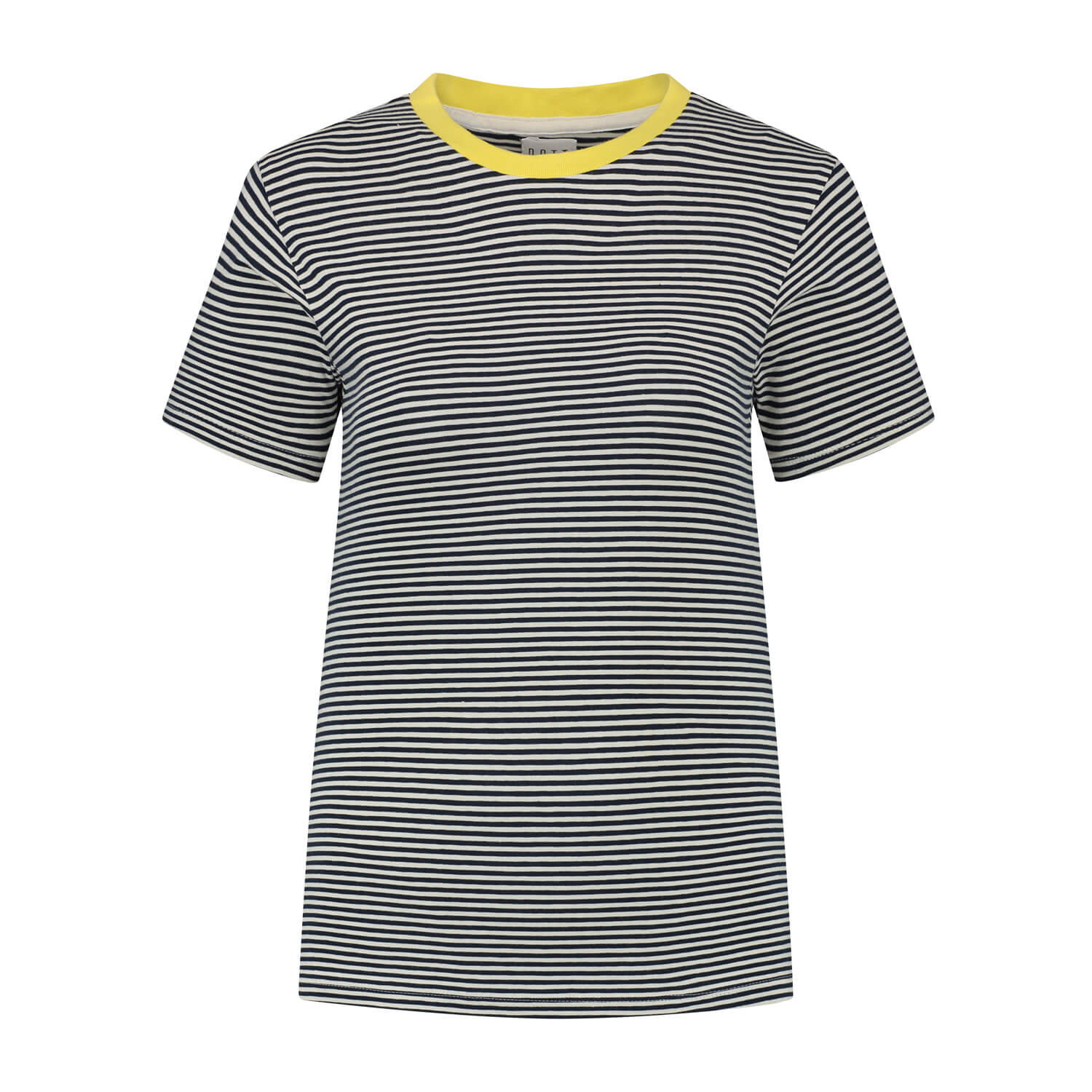 Women's organic striped t-shirt - navy/wit met gele boord